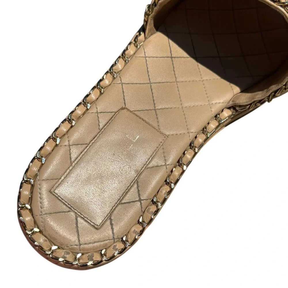 Chanel CC Chain Trim Quilted Slide Sandals Beige Leather Platform Size 41 Italy - Picture 7 of 15